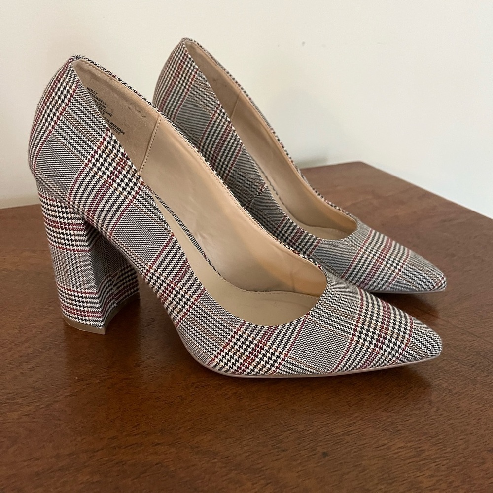 JustFab Plaid Heels - Black, White, Red